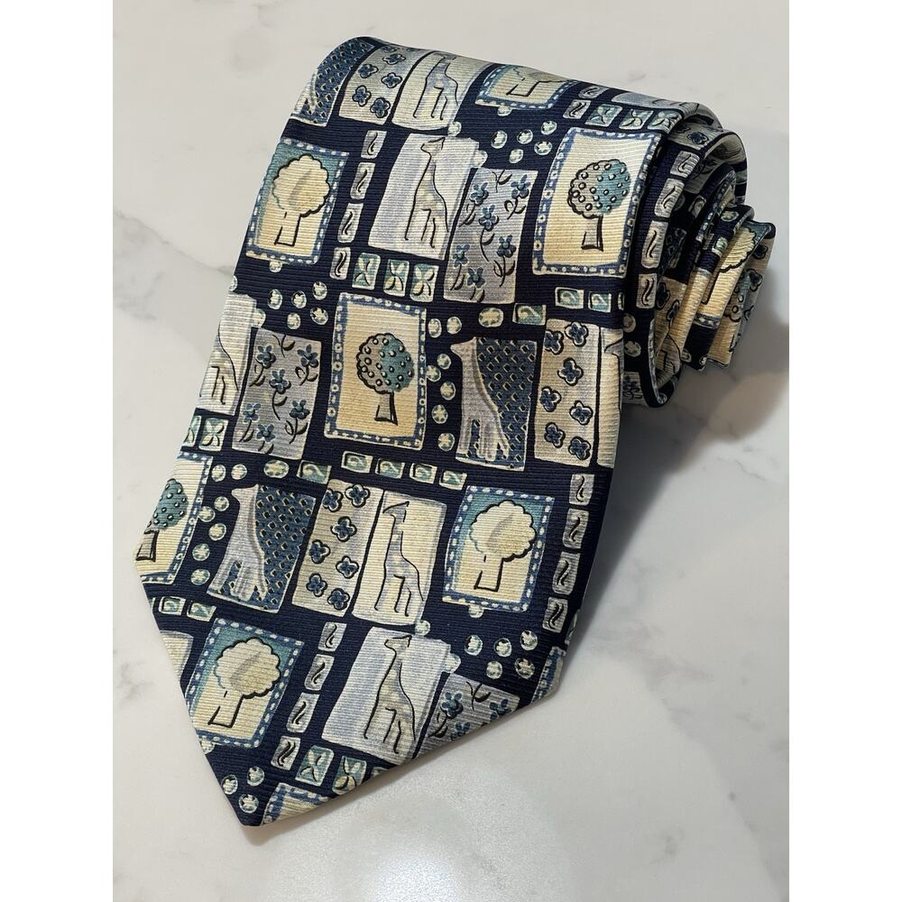 Les Cravates Vincent Galerie Agora Silk Tie Italy 61.5 x 4 XL Long Giraffe Trees